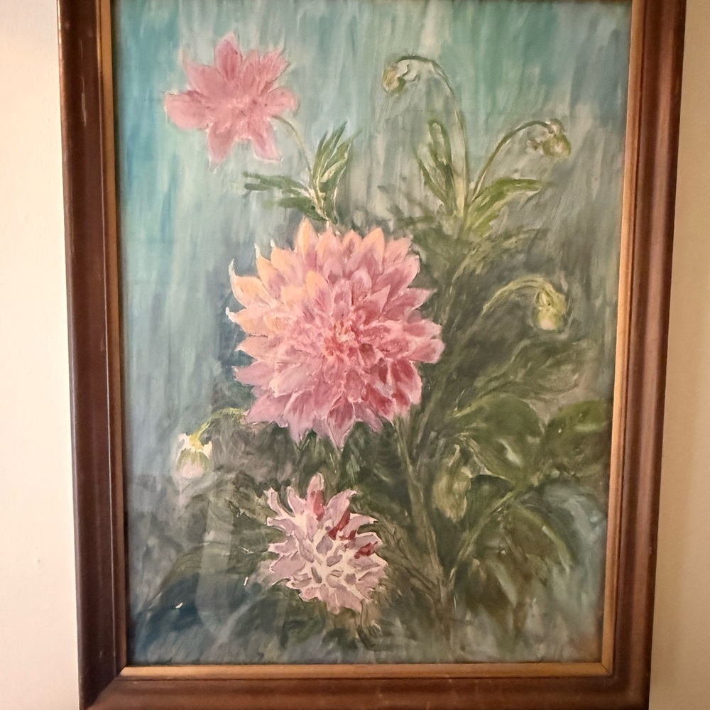 Vintage and Original Floral Art Print with Wooden Frame— stunning colors